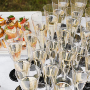 Close-up of many flutes of champagne or other fizzy drink with toasts with vegetables and cream cheese at wedding reception or banquet. Festive reception.